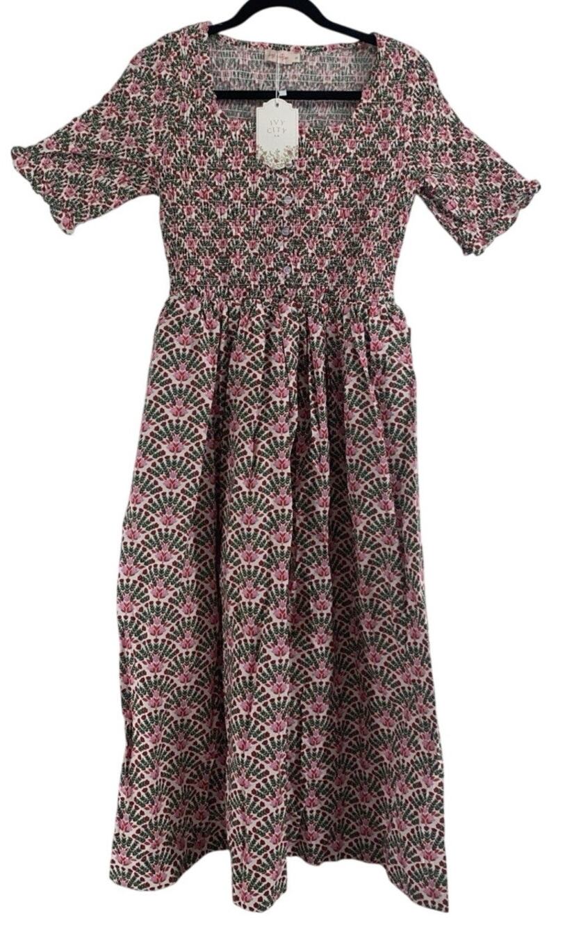 Ivy City Co Small Parker Floral Fan smocked midi dress Milkmaid Cottage NWT